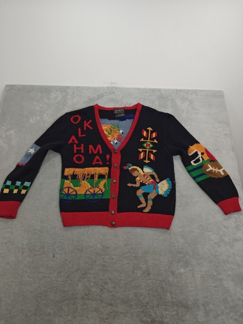 Vintage 1989 Berek State Of Oklahoma Icon Hand Knitted Women's Cardigan L